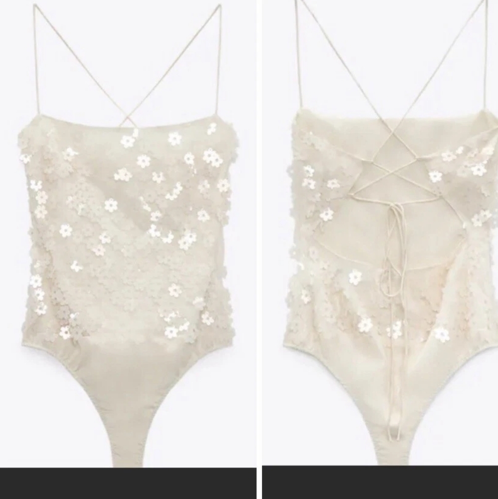 ZARA CREAM SEQUIN FLORAL JUMPSUIT TOP